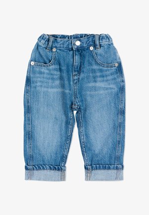 Lichtblauwe denim jeans voor peuters met elastische tailleband, voorzakken, opgerolde boorden en knoopsluiting in de taille.