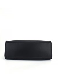Black leather clutch with a rectangular shape, smooth texture, and precise stitching along the edges. Simple, classic design.