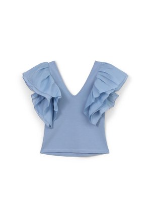 Top azzurro chiaro con scollo a V e ampie maniche corte a volant. Realizzato in tessuto morbido con corpino aderente.