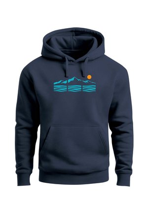 Marineblauer Hoodie mit Fronttasche, verstellbarer Kapuze und Grafik mit türkisfarbenen Bergen, Wasserwellen und einer orangefarbenen Sonne auf der Brust.