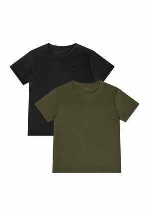 Twee effen T-shirts met korte mouwen en ronde hals, één zwarte en één olijfgroene, plat uitgestald met het groene shirt voorop.