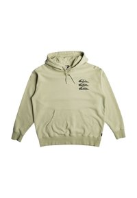 Sudadera verde con capucha, bolsillo frontal, capucha con cordón y tres diseños impresos de montañas en la parte izquierda del pecho. Textura suave.