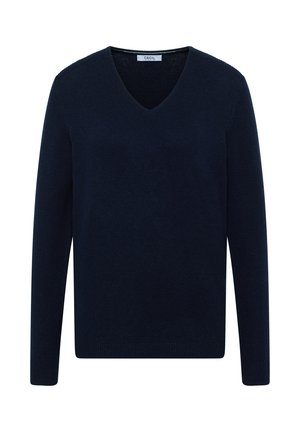 Mørkeblå sweater med V-hals, lange ærmer, ribbede manchetter og kant, lavet af et blødt strikmateriale. Mærket læser "CECI." Ingen mønstre eller detaljer.