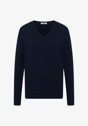 Navy blue sweater with a V-neck, long sleeves, ribbed cuffs and hem, made from a soft knit material. Label reads "CECI." No patterns or accents.