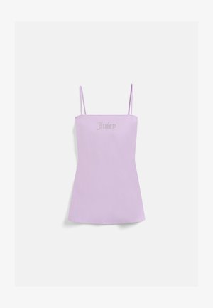 Lila tanktop met dunne bandjes, met het woord "Juicy" in een metallic stijl op de borst, gemaakt van zachte, gladde stof.