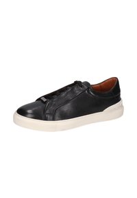 Schwarze Leder-Sneaker mit strukturiertem Obermaterial, weißer Gummisohle und minimalistischem Design. Verfügt über ein einzigartiges Schnürsystem für einen sicheren Sitz.