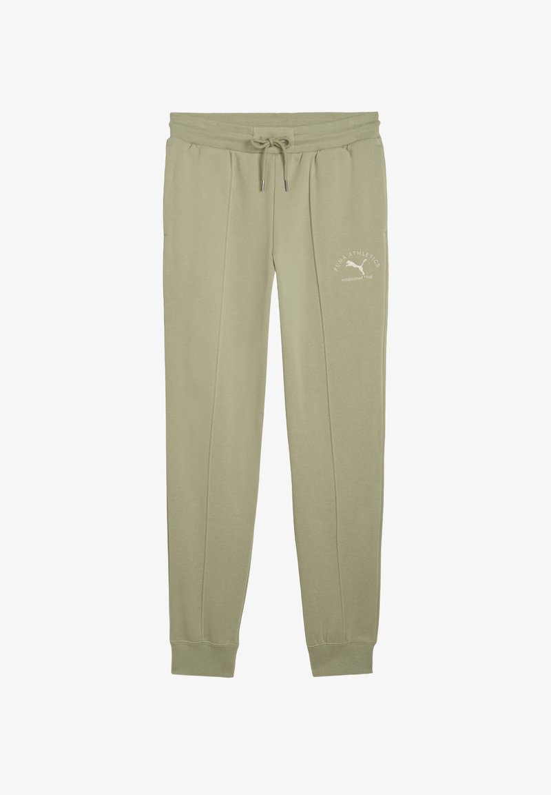 Pantaloni sportivi di colore verde chiaro, dotati di un elastico in vita con cordoncino, polsini elastici e una piccola stampa di logo bianco all'altezza dell'anca. Tessuto morbido e liscio.