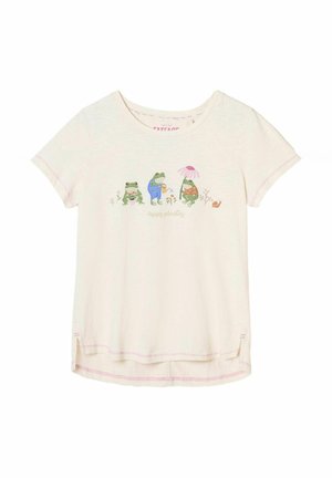 Lysefarvet bomulds-T-shirt med korte ærmer. Har en illustration af frøer og blomster, med pink syninger og en diskret buet kant.