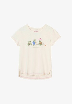 Lysefarvet bomulds-T-shirt med korte ærmer. Har en illustration af frøer og blomster, med pink syninger og en diskret buet kant.