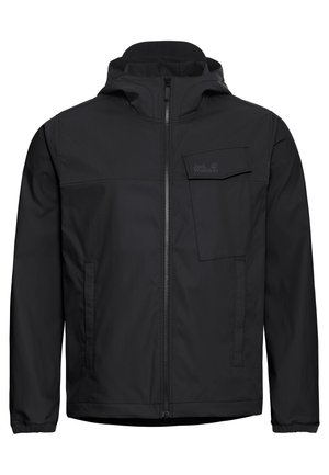 Zwarte waterdichte jas met een ritssluiting aan de voorkant, verstelbare capuchon, elastische manchetten en een borstzak met een subtiel logo. Lichtgewicht en met een gladde textuur.