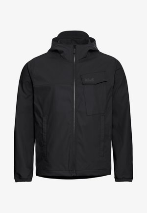 Zwarte waterdichte jas met een ritssluiting aan de voorkant, verstelbare capuchon, elastische manchetten en een borstzak met een subtiel logo. Lichtgewicht en met een gladde textuur.