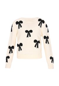 Krämfärgad tröja med svarta rosettmönster, ribbad rundhalsning och muddar. Slät stickad textur med subtila glittrande detaljer genom hela plagget.