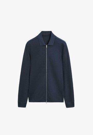 Marineblauer Pullover mit Reißverschluss und Kragen, aus weichem Stoff gefertigt, mit langen Ärmeln und Rippbündchen. Glatte Textur, minimalistische Details.