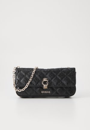 Borsa a tracolla nera trapuntata con motivo in rilievo del logo, catena argentata e hardware di tonalità oro prominente sul davanti.