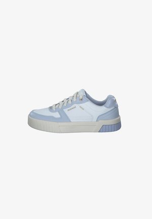 Light blue sneaker with white leather accents, textured rubber sole, lace-up design, and Skechers logo. Rounded toe and low-profile silhouette.