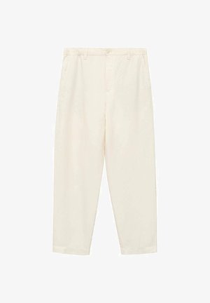 Vaaleanbeige puuvillahousut suoralinjaisella muotoilulla, etutaskuilla ja vetoketjusuljennolla, joissa on siisti ja sileä pinta.