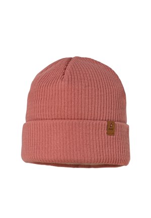 Ribbed knit pink beanie hat with folded cuff and small brown logo tag on side, isolated on white background.