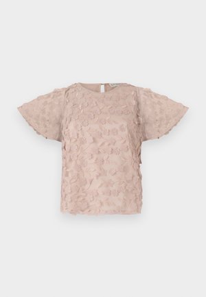 Rosafarbene bestickte Bluse mit Blumenmustern, kurzen, flatternden Ärmeln und einem Schlüssellochverschluss im Rücken. Weicher, texturierter Stoff.