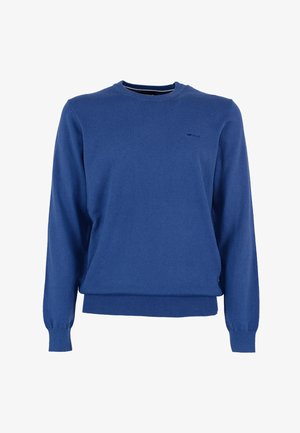 Blauwe trui van zacht breimateriaal, met een ronde hals, lange mouwen, een geribbelde zoom en een klein logo op de borst.