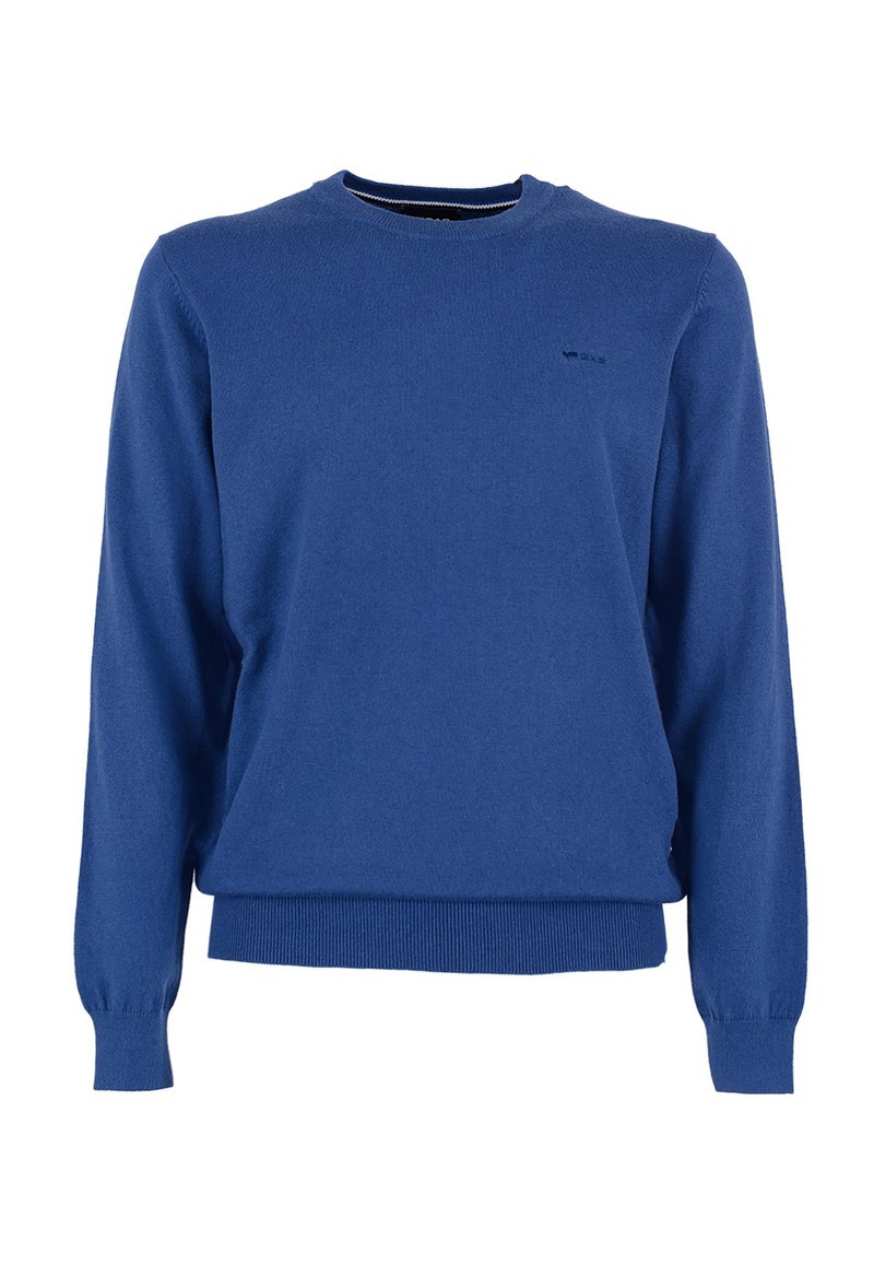 Blauwe trui van zacht breimateriaal, met een ronde hals, lange mouwen, een geribbelde zoom en een klein logo op de borst.
