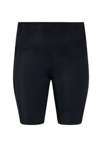 Černé sportovní šortky z hladkého, elastického materiálu, s vysokým pasem a délkou po střední stehno, bez švů.