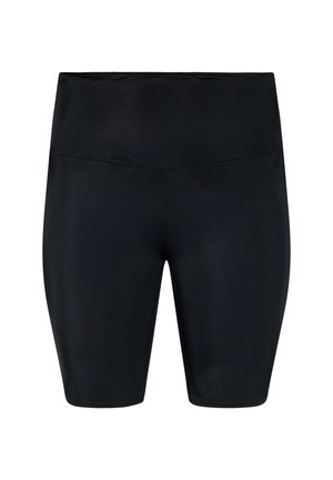 Shorts de sport noirs en tissu lisse et extensible, avec une taille haute et une longueur mi-cuisse, présentant un design sans coutures.