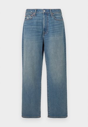 Blue straight-leg denim jeans with faded wash, five-pocket design, and button closure at the waist.