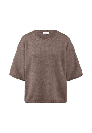 Maglione a maniche corte in maglia marrone con scollo rotondo e bordo a costine sulle maniche, sul colletto e sull'orlo.
