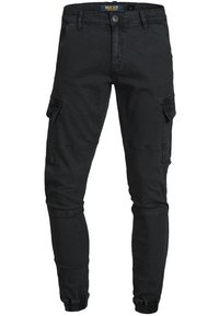 Sorte cargo bukser med slim fit, lavet af bomuldsdenim. Har sidelommer og elastiske manchetter ved anklerne for et tapered look.