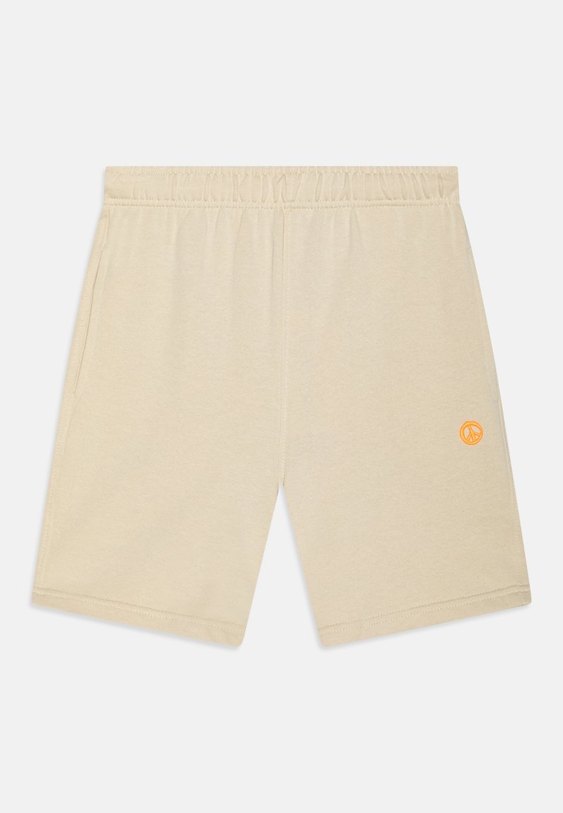 Shorts taille élastique beige avec poches latérales et un petit symbole de paix orange brodé sur la jambe droite.
