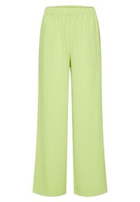 Jasnozielone spodnie szerokie wykonane z gładkiego, lekkiego materiału z elastycznym pasem dla wygody. Brak widocznych wzorów lub akcentów.
