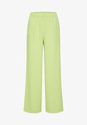 Jasnozielone spodnie szerokie wykonane z gładkiego, lekkiego materiału z elastycznym pasem dla wygody. Brak widocznych wzorów lub akcentów.