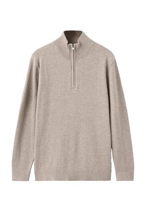 Pull-over beige clair en matière douce, avec un col montant et une fermeture éclair d'un quart. Manches longues et ourlets et poignets côtelés.