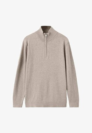 Light beige pullover sweater made of soft material, featuring a stand-up collar and a quarter zip. Long sleeves and ribbed hem and cuffs.