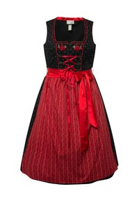 Traditionele zwarte jurk met een rode, geplooide rok; heeft bloemborduursels, linten en een satijnen riem.