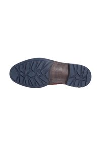 Suela de zapato con un fondo de goma estampado en azul y un acento de cuero texturizado marrón en el talón. Durable y con un diseño que proporciona tracción.