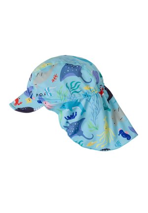 Hellblauer Sonnenhut für Kinder mit Nackenschutz, verziert mit bunten Meerestieren wie Delfinen, Stachelrochen, Kraken und Seepferdchen.