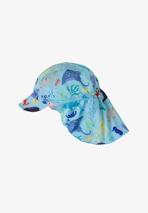 Lyseblå børnesolhat med nakkeskærm, med farverige undervandsdyr som delfiner, rokker, blæksprutter og søheste.