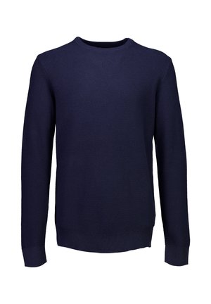 Dunkelblauer langärmeliger Strickpullover mit rundem Ausschnitt und strukturiertem Stoff, auf einem weißen Hintergrund präsentiert.