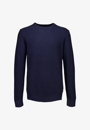 Granatowy długi sweter dzianinowy z okrągłym dekoltem i teksturowanym materiałem, wyeksponowany na białym tle.