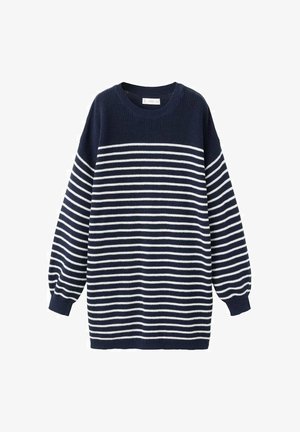 Pull tricoté bleu marine avec des rayures blanches horizontales, col rond, et manches longues avec poignets froncés.