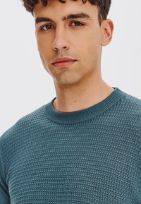 Młody mężczyzna z krótkimi, kręconymi ciemnymi włosami, ubrany w strukturalny sweter w odcieniu teal, patrzy prosto przed siebie z neutralnym wyrazem twarzy na białym tle.