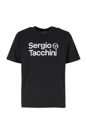 Schwarzes T-Shirt mit kurzen Ärmeln, weißem Schriftzug "Sergio Tacchini" und rundem Logo, zentriert auf der Brust.