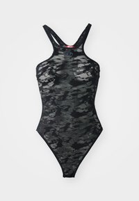 Juodas tinklelis bodysuit'as su kamufliažo raštu, turintis aukštą apykaklę ir reguliuojamas petnešas. Paprastas dizainas su minimaliais detalėmis.