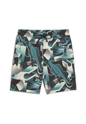 Męskie spodenki Puma z abstrakcyjnymi wzorami graficznymi w kolorach turkusowym, czarnym i białym oraz elastycznym pasem z czarnym sznurkiem.