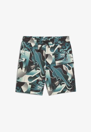 Męskie spodenki Puma z abstrakcyjnymi wzorami graficznymi w kolorach turkusowym, czarnym i białym oraz elastycznym pasem z czarnym sznurkiem.