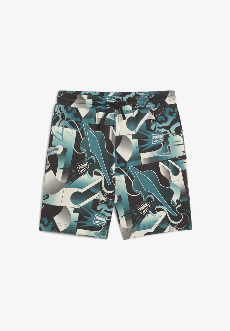 Shorts Puma pour hommes avec motifs graphiques abstraits turquoise, noir et blanc et taille élastique avec cordon noir.