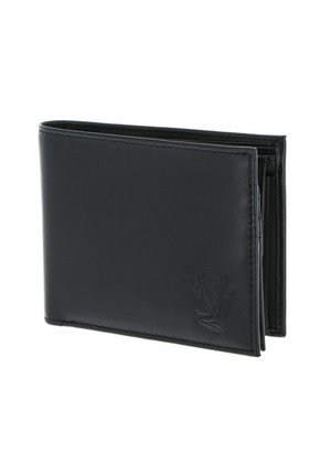 Portefeuille bifold en cuir noir avec un motif floral embossé subtil à l'avant, légèrement ouvert montrant les compartiments intérieurs.