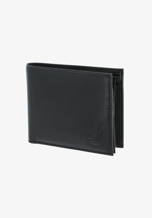 Black leather bifold wallet with subtle embossed floral design on front, slightly open showing interior compartments.