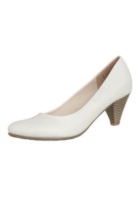 Białe skórzane buty na wysokim obcasie z zaokrąglonym noskiem i fakturowanym, stożkowym obcasem. Wnętrze wyłożone beżowym materiałem. Gładkie wykończenie powierzchni.